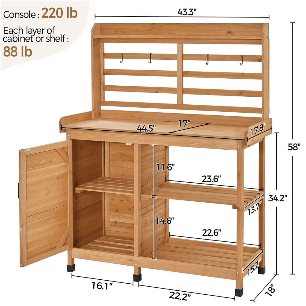 Renwick 4-layer Garden Potting Bench with Cabinet and Open Shelf,Wood