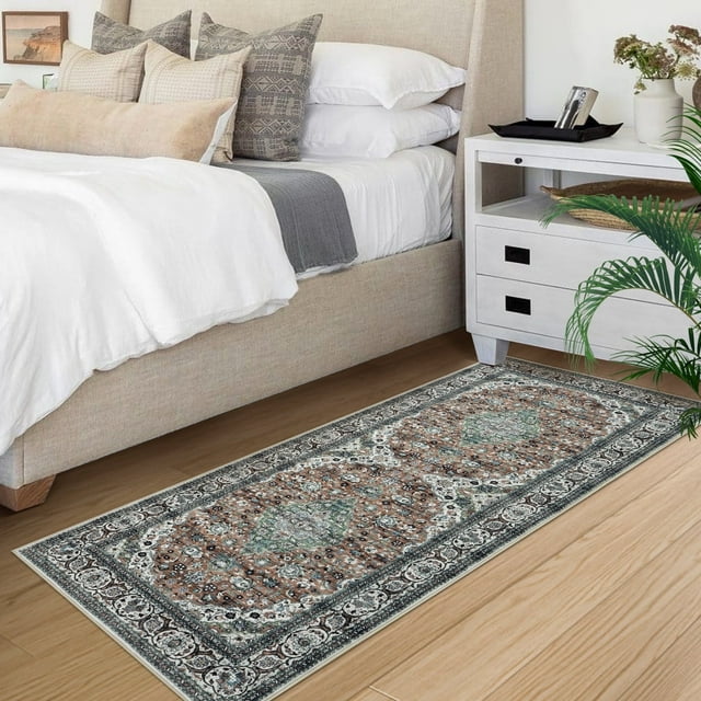 YUSAZENS 2 x 6 Floral Vintage Washable Area Rug Low-Pile Non-Slip Rug, Distressed Print for Living Room, Bedroom, Indoor Area Rug for Home Decor Green/Multi