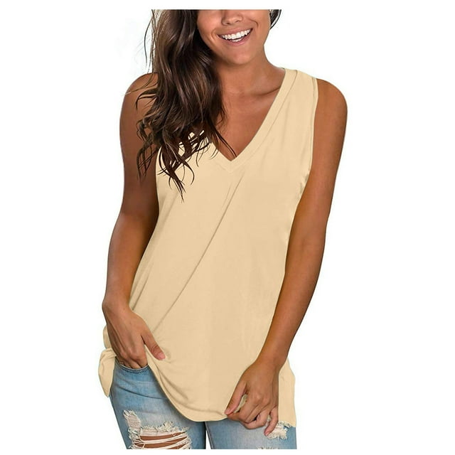 Womens Fashion Solid Loose Sleeveless V-Neck T-shirt Pullover Tops