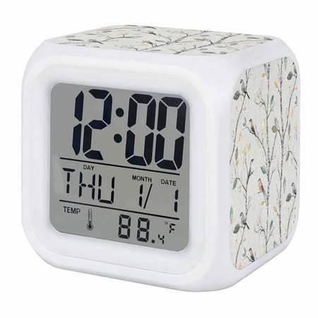 Vintage Botanical Digital Alarm Clock for Bedrooms, Smart LED Alarm Clock with 7 Color Changing Night Light, Birds Branch Watercolor Leaf Silent Wake Up Clocks for Sleep Study Cooking 3.2x3.2