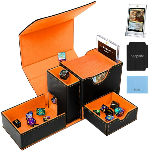 Deck Box, bandeja de dados y torre 2 en 1 para MTG Commander, color negro y naranja
