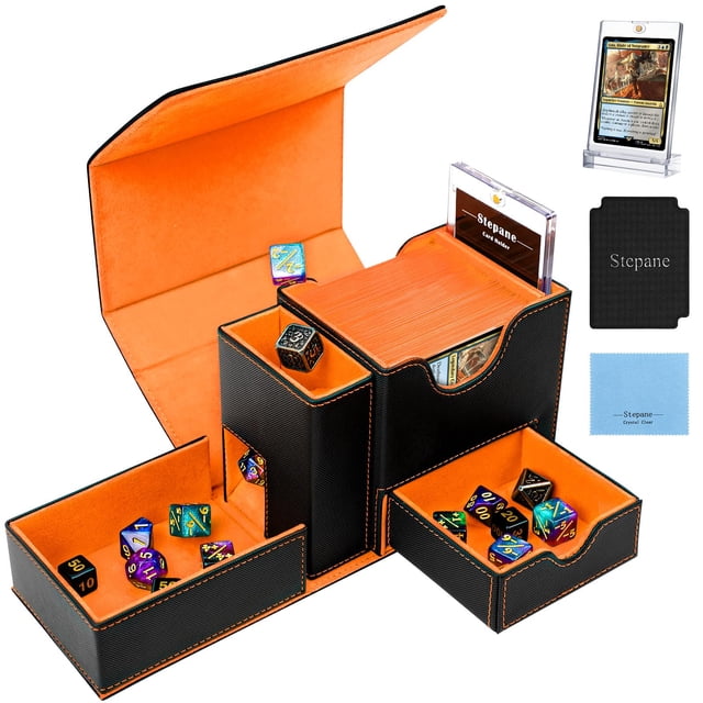 Deck Box, bandeja de dados y torre 2 en 1 para MTG Commander, color negro y naranja