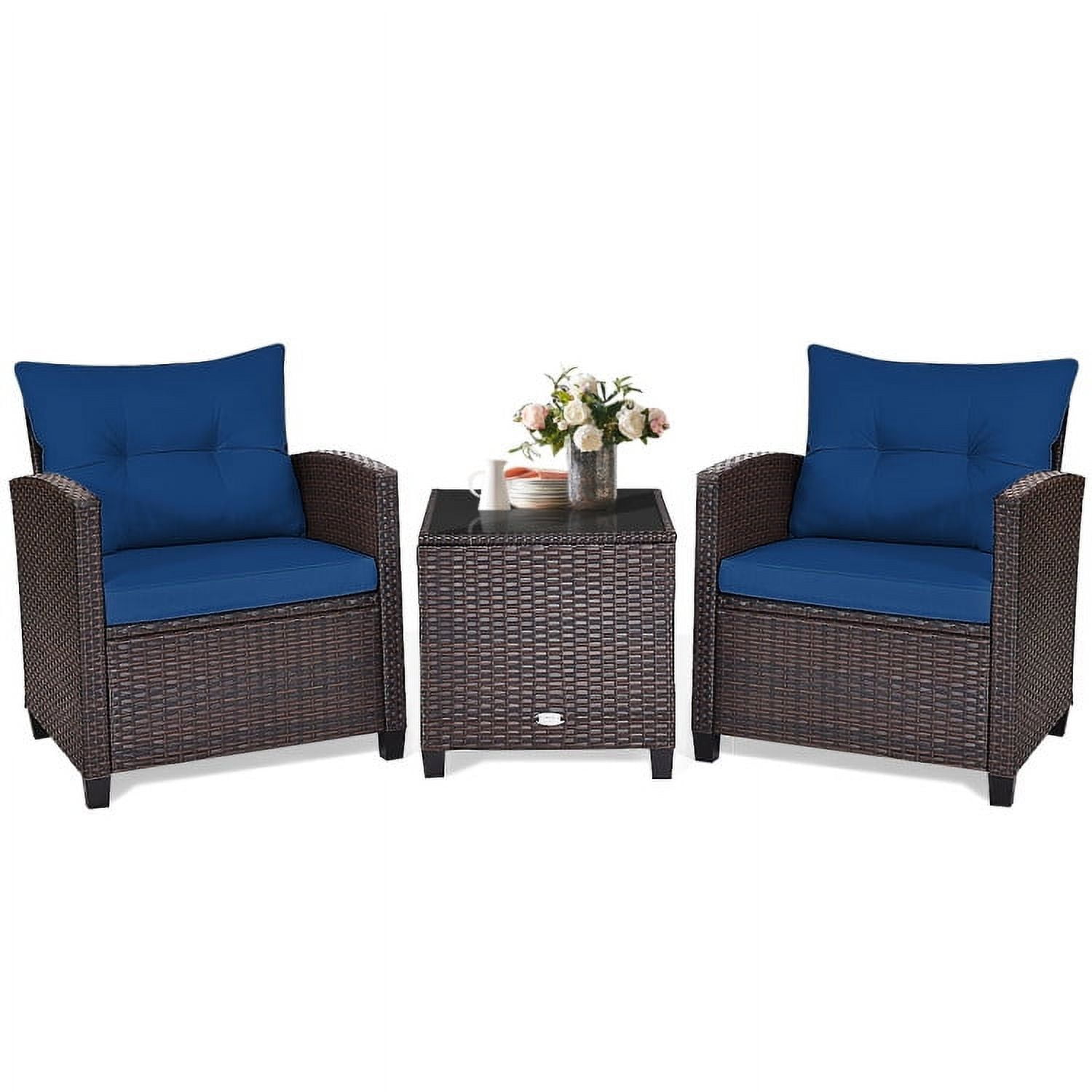 Aimee Lii 3 Pieces Wicker Patio Furniture Set, Coffee Table Cushioned Sofa, Modern Patio Furniture, Navy Aimee Lii 3 Pieces Wicker Patio Furniture Set, Coffee Table Cushioned Sofa, Modern Patio Furniture, Navy