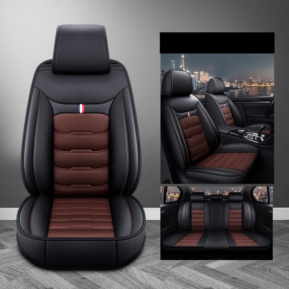 TIANLAIMEI Leather Car Seat Covers Full Set Front and Rear Bench Backrest Seat Cover Set Universal Fit for Sedan SUV Truck Black/Brown