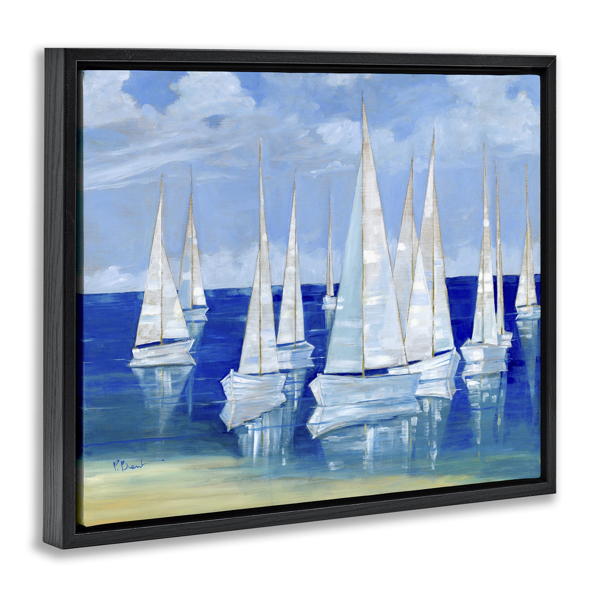 Stupell Industries Blanco Beach Sailboats Black Framed Floater Canvas Wall Art, design by Paul Brent