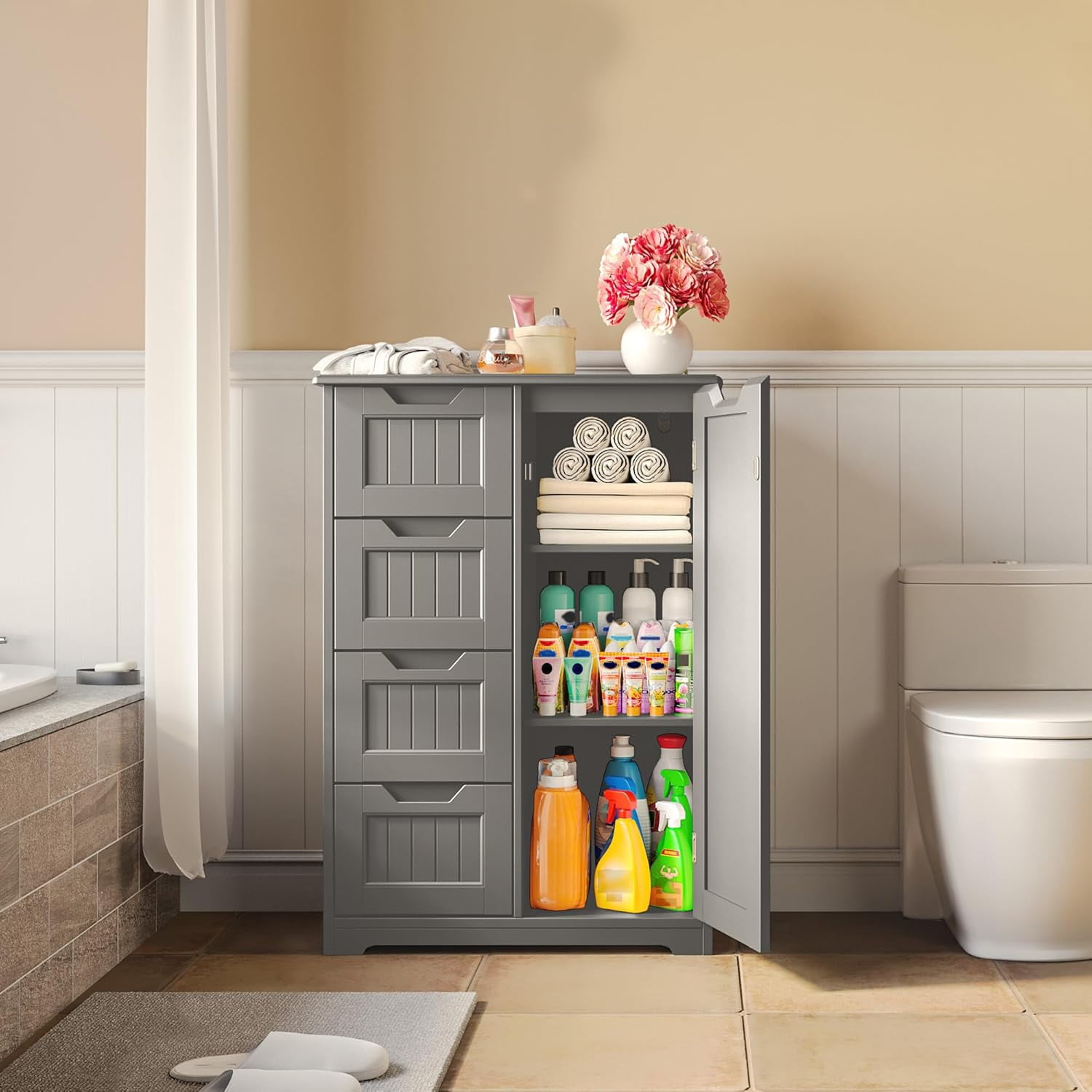 Short Pantry Storage Cabinet, Noelse 33'' Small Kitchen Pantry with 4 Drawers 3 Shelves and 1 door for Kitchen Dining Room and Bathroom, Gray