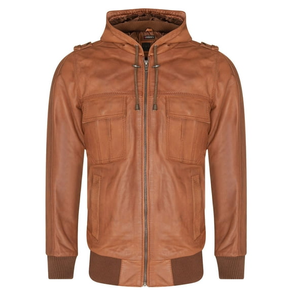 Mens Leather Hooded Varsity Jacket - Cullompton in Tan
