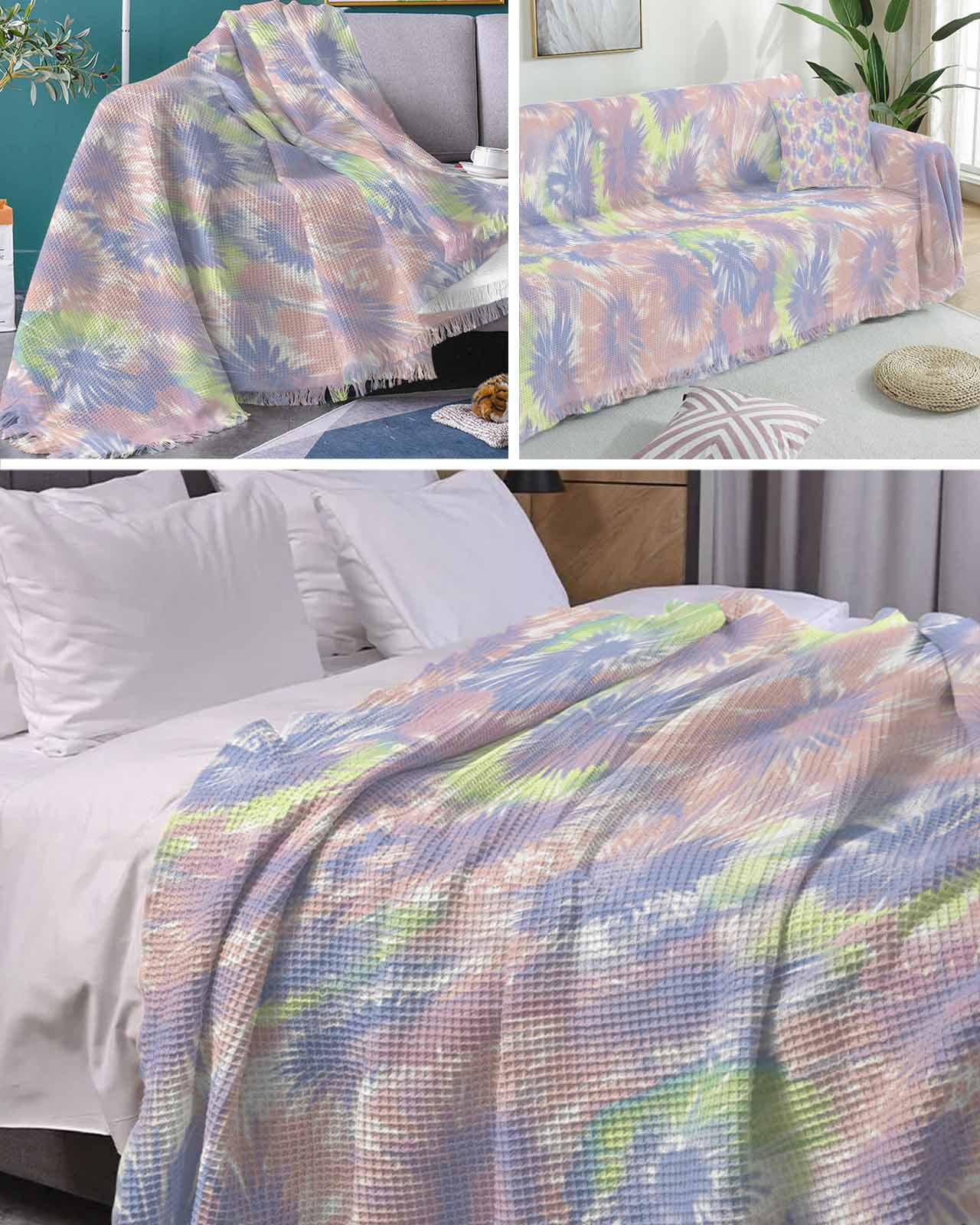 Navy Blue Tie Dye Sofa Couch Covers for Dog,Washable Sofa Throw Cover Single Slipcoverfor Armchair with Tassels,Rainbow Stained Abstract Boho Tribal Art Couch Protector Towel Blanket Medium 71x91