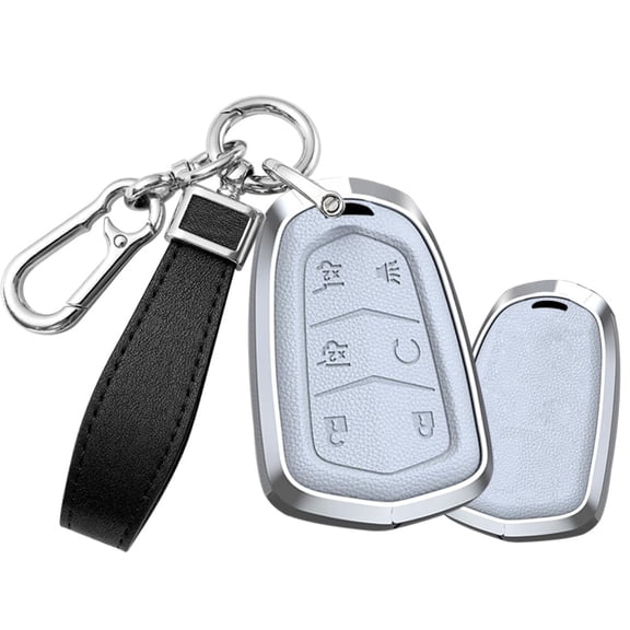 Heavy Duty Metal Key Fob Cover Case for Cadillac Escalade ESV – 6 Button Leather Key Shell Protector with Full Protection Design and Premium Keychain Holder