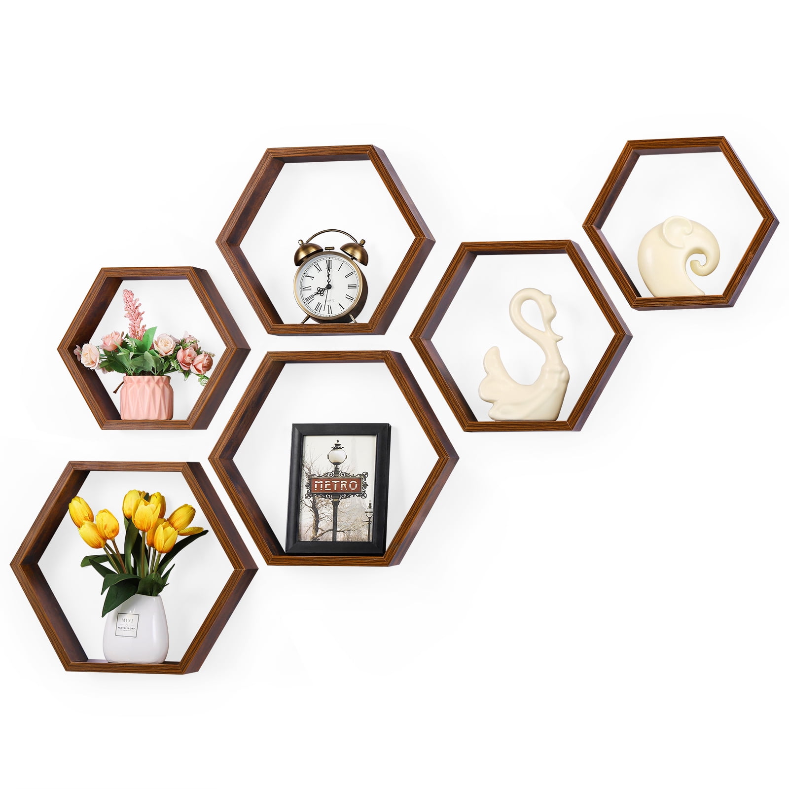 Hexagon Floating Shelves Set of 6 Honeycomb Shelves for Wall, Burnt Brown