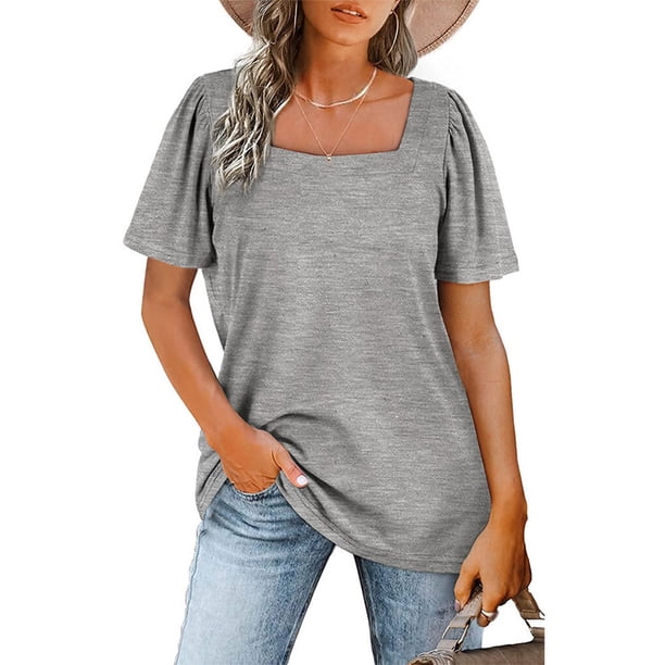 Guardurnaity Camiseta de algodón para mujer, camiseta informal con cuello cuadrado para mujer, para adolescentes, para viajes, senderismo, moda de Prendas para la parte del cuerpo Gris METRO