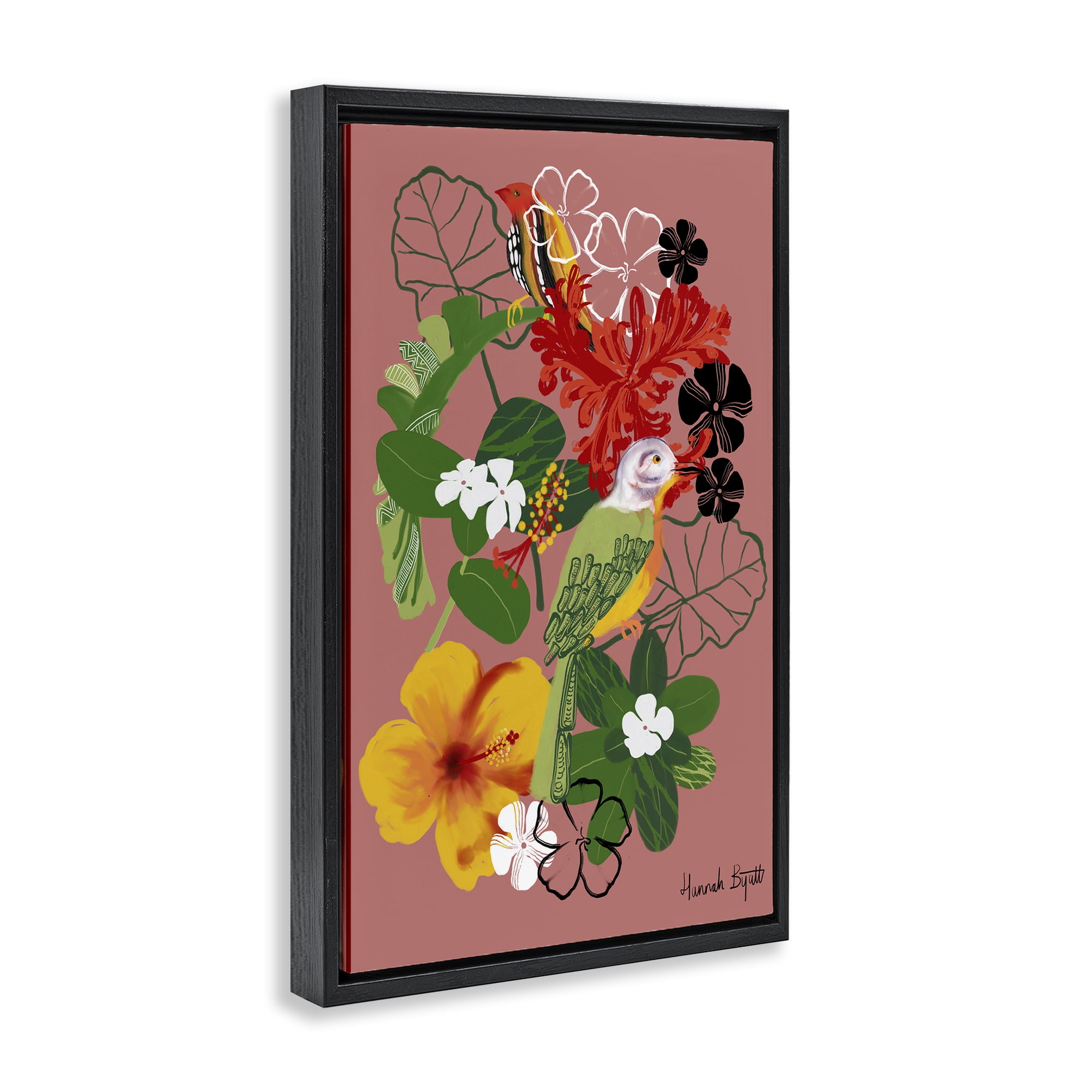 Stupell Industries Gambia Inspired Florals Animals Painting Black Floater Framed Canvas Art Print Wall Art, 17 x 25