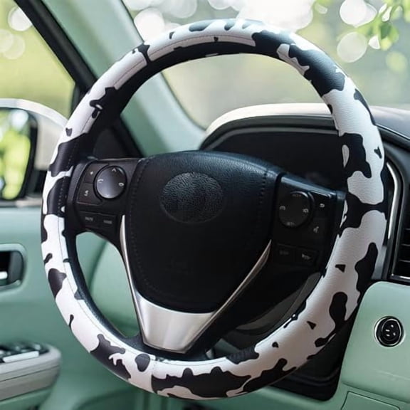 Universal Steering Wheel Cover Women 14.5-15 inch car Accessories Cow Print Western Leather Anime Black and White Cute Wheel Cover Anti-Slip Car Protecter for Men