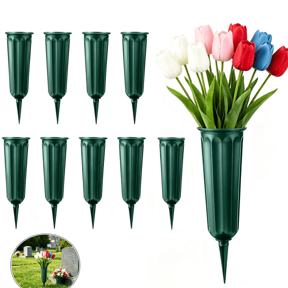 9 Pack Memorial Flower Vase Plastic Grave Decorations for Cemetery Cemetery Vases with Spikes for Cemetery Vases (Green)