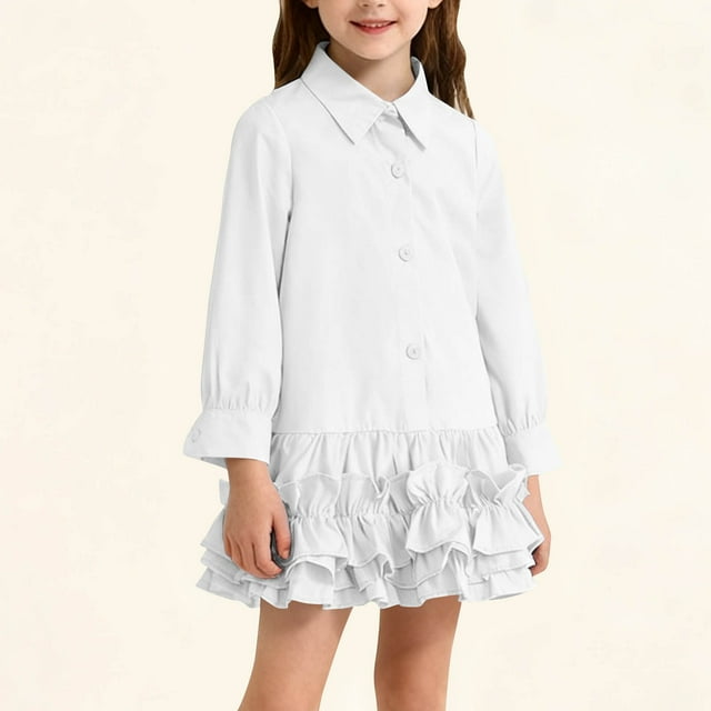 EGNMCR Robe à Manches Longues pour Enfants, Couleur Unie, Col à Revers, Boutons, pour la Saison Scolaire - Jupe Décontractée Confortable, Robe en Polyester pour Fille