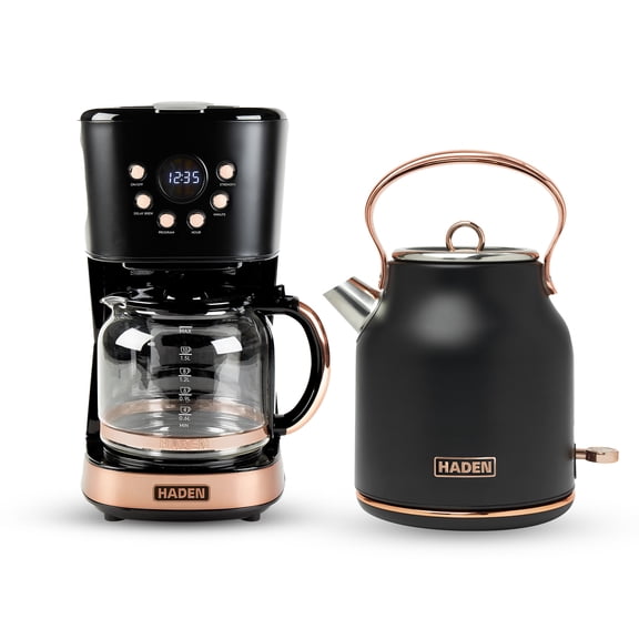 Haden Heritage 1.7 Liter Electric Kettle & Coffee Maker, Black & Copper