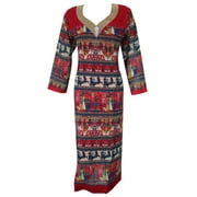 Mogul Womens Tunic Dress Printed Red Kurti Caftan