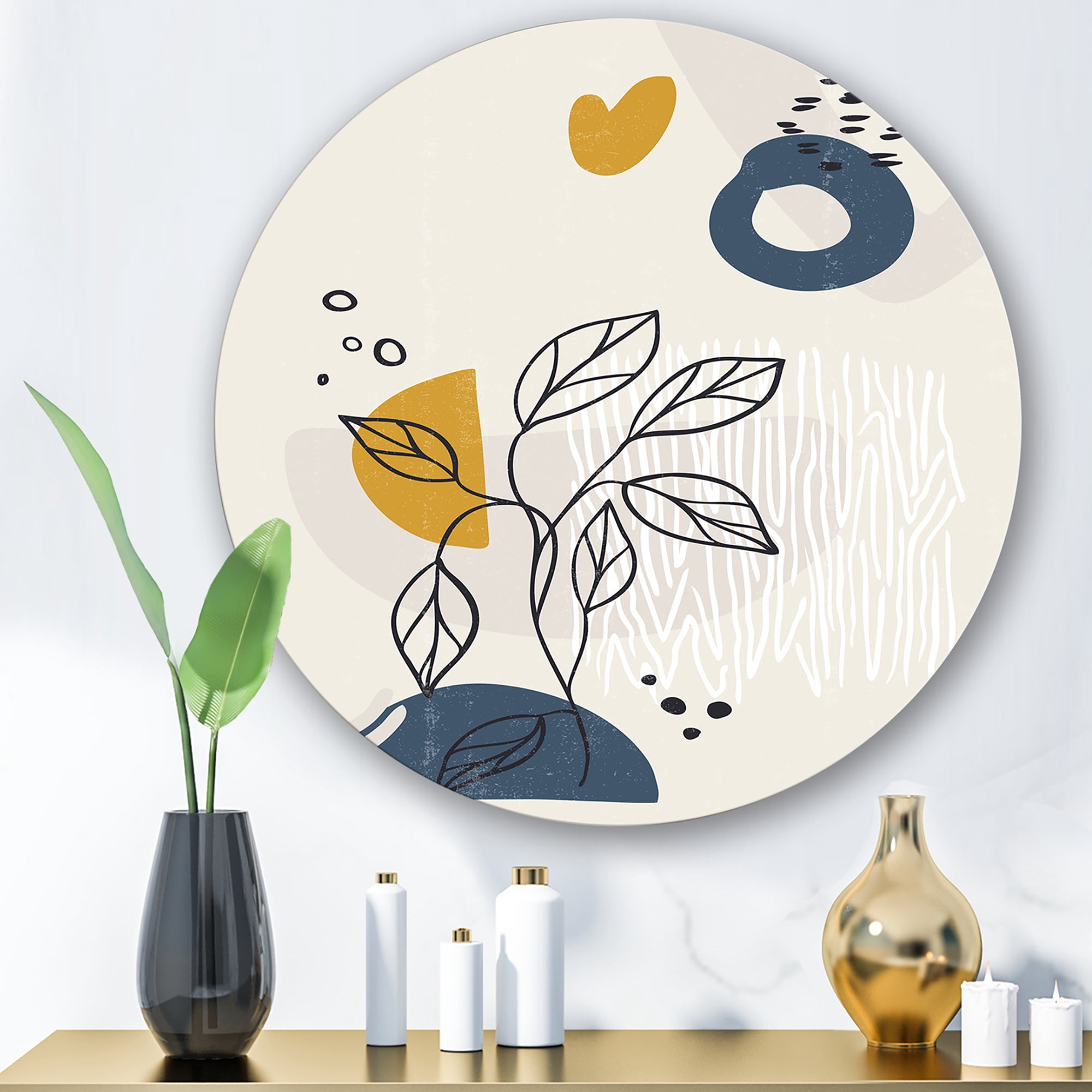 Designart 'Ancient Boho Art Minimalistic Flowers II' Modern Circle Metal Wall Art 23x23 - Disc of 23