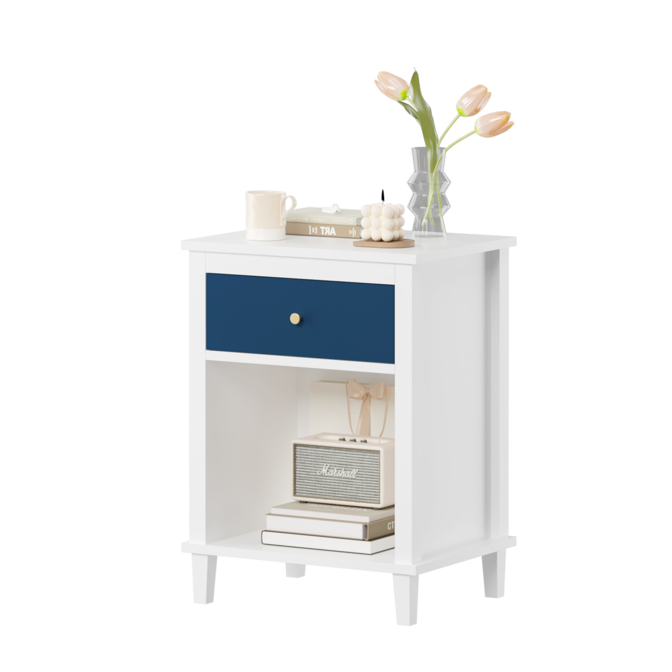 Noble House 26.8" Kids and Adults Wooden Nightstand, 1-Drawer  Bedside Table with Shelf, Silver Handle, White & Navy
