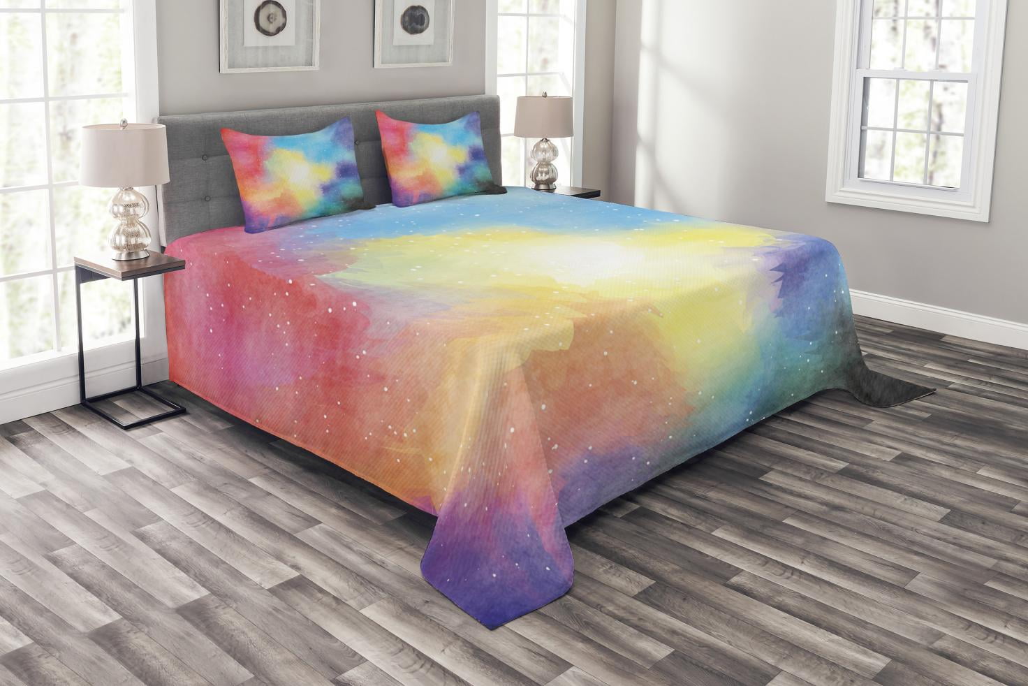 Outer Space Bedspread Set Queen Size, Watercolor Nebula Colorful Galaxy