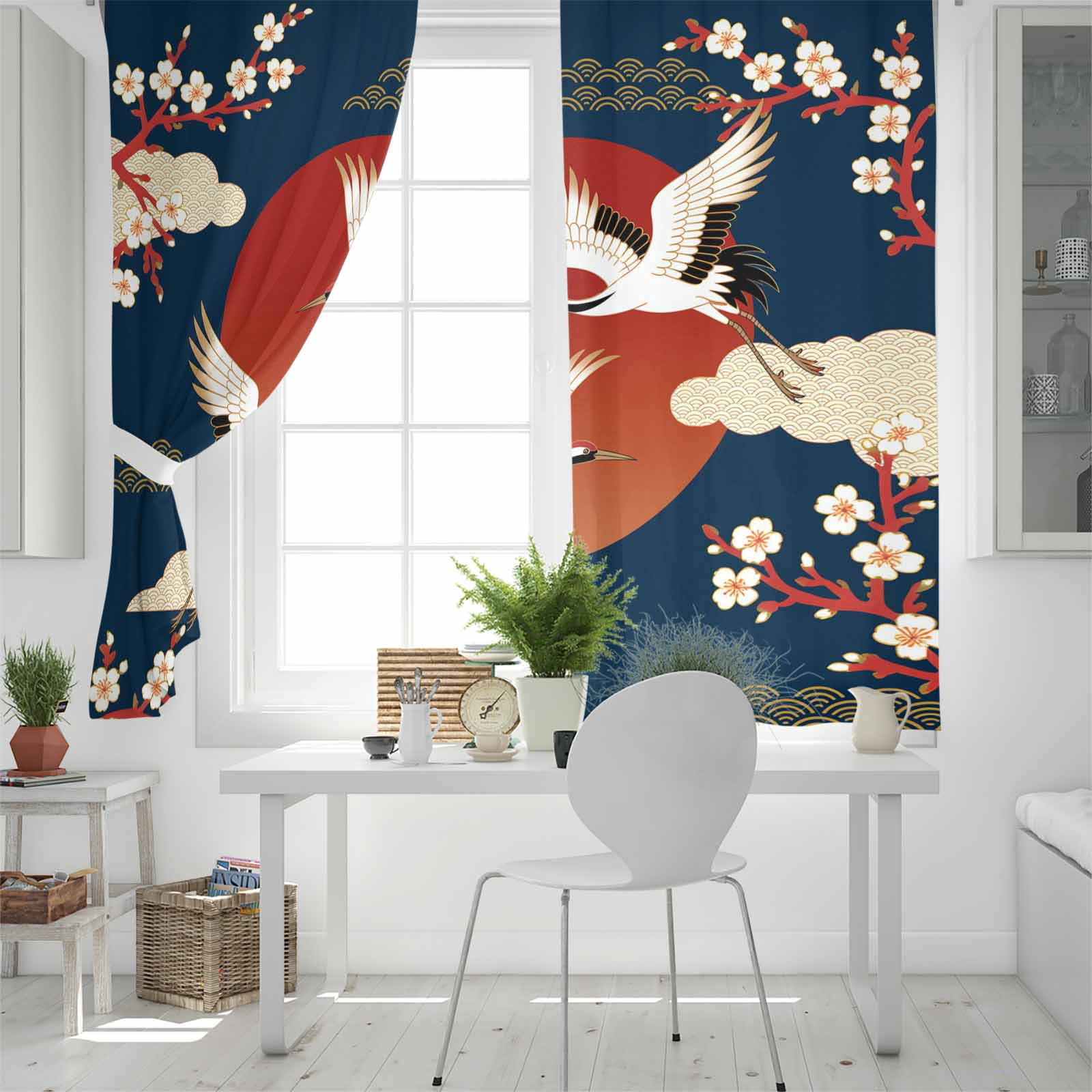 Japanese Style Blackout Curtains for Bedroom/Living Room, Thermal Insulated Kitchen Curtains, Modern Cranes Cherry Flower Wave Navy Blue Grommet Darkening Window Treatment Drapes 27.5"x39"x2