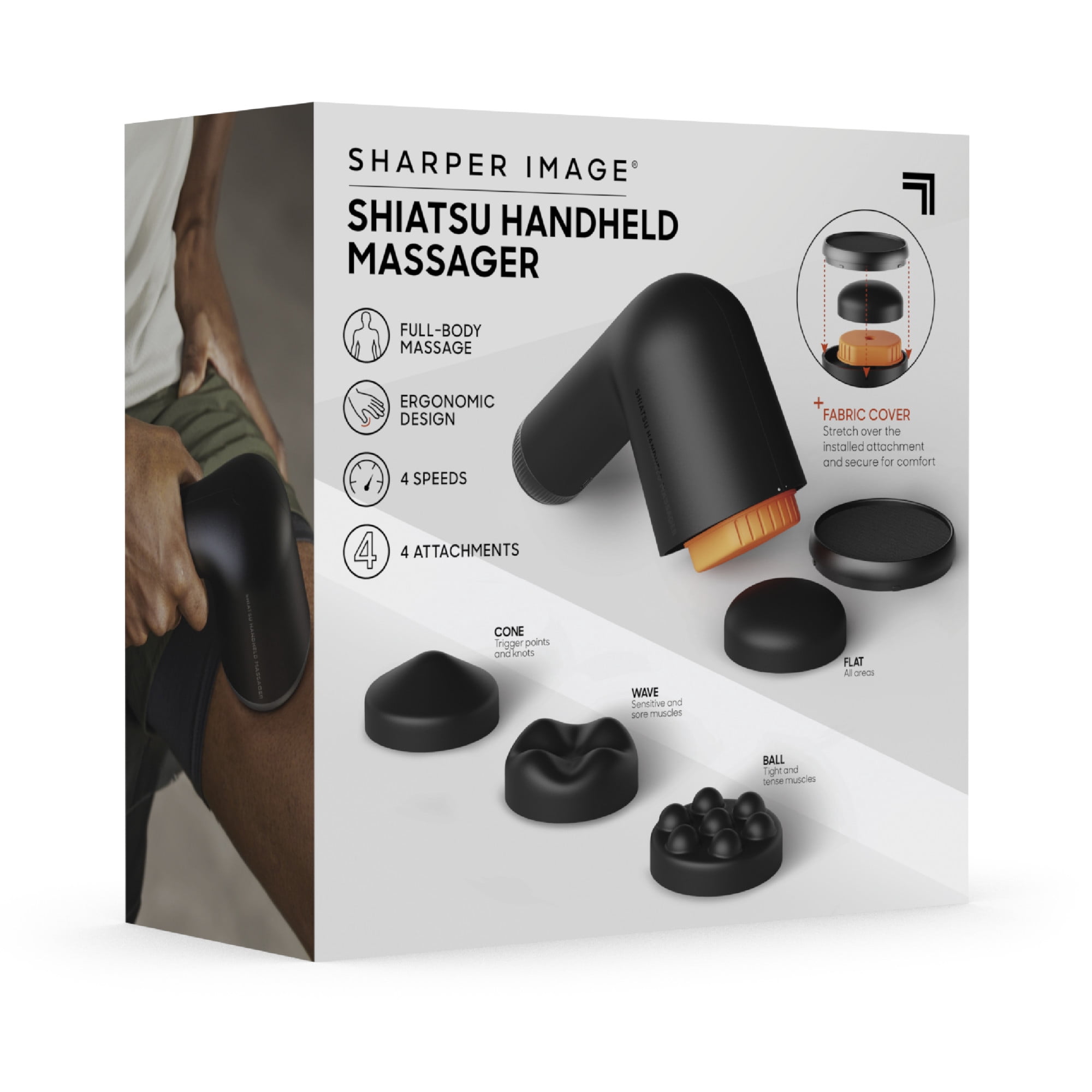 Sharper Image® Shiatsu Handheld Massager, Cordless Rechargeable Electric Massager, Deep Tissue, 4 Speed Settings, 4 Interchangeable Attachments, Ergonomic Handle, USB-C Charging