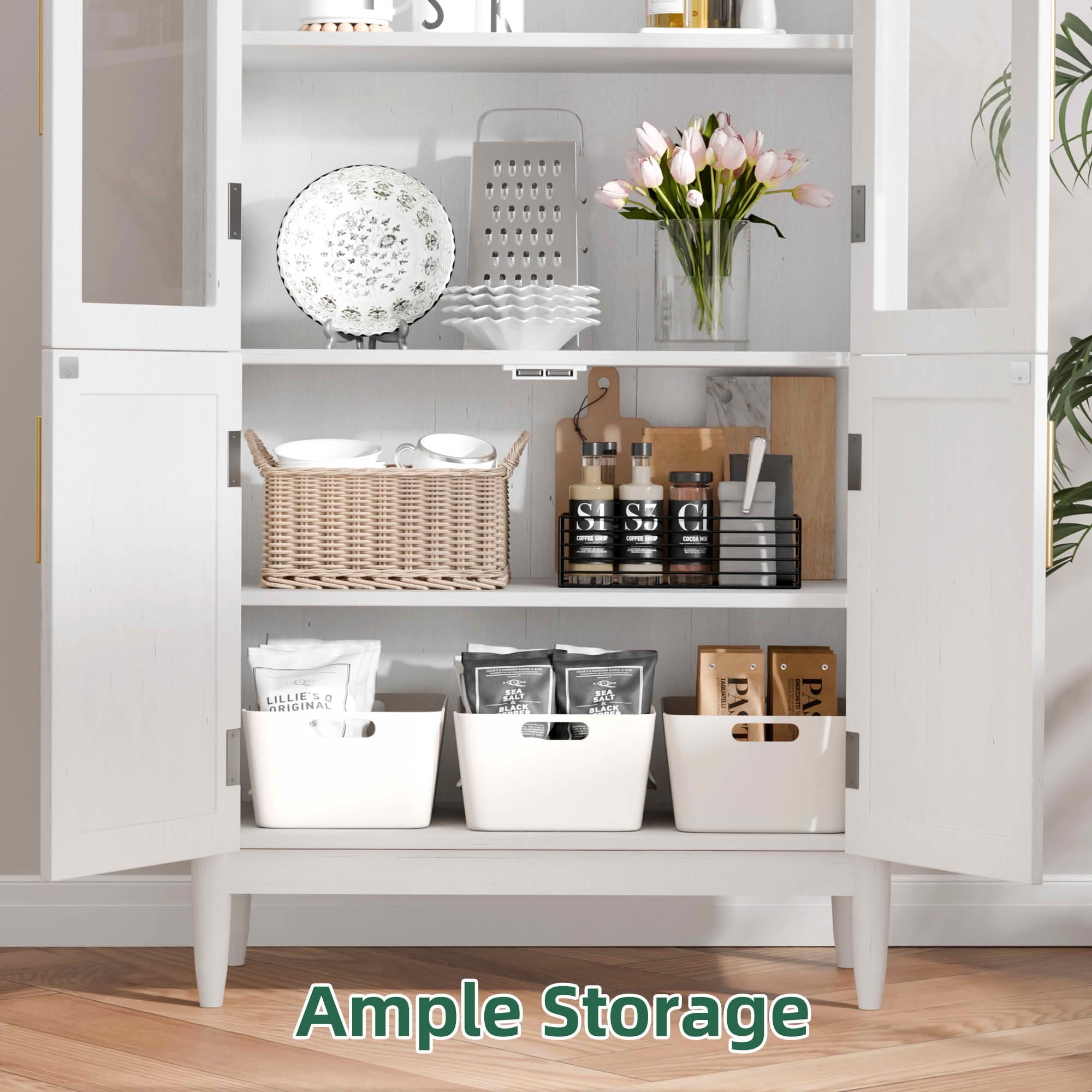 MAYEERTY 71" White Arch Cabinet with Glass Doors, for Bedroom Entryway