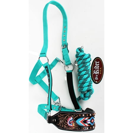 Black Leather Horse Halter - Horse Noseband Tack Leather Bronc Nylon HALTER Tiedown Lead Rope 280M79107