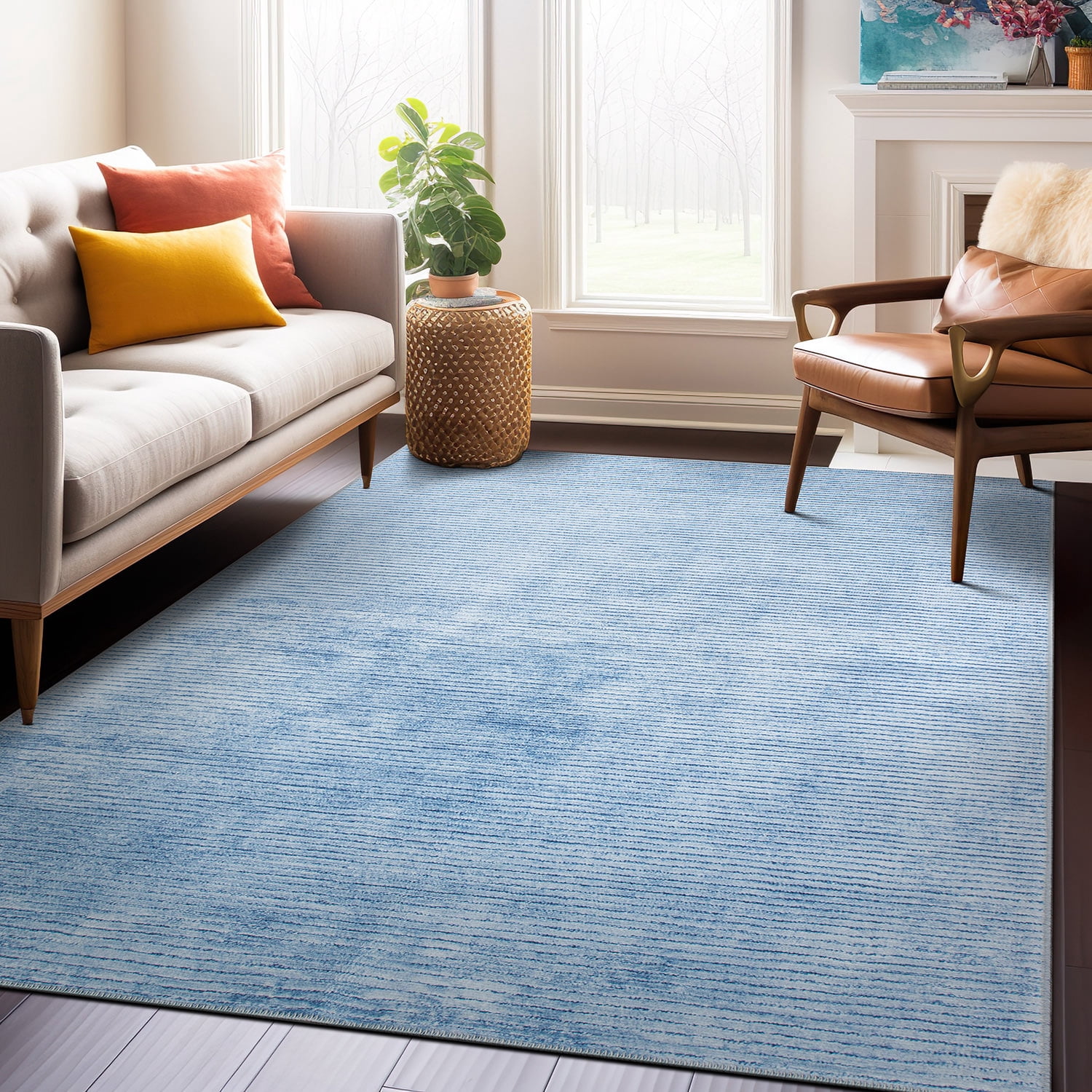 World Rug Gallery Contemporary Distressed Stripe Machine Washable 7'7"x9'6" Blue Area Rug