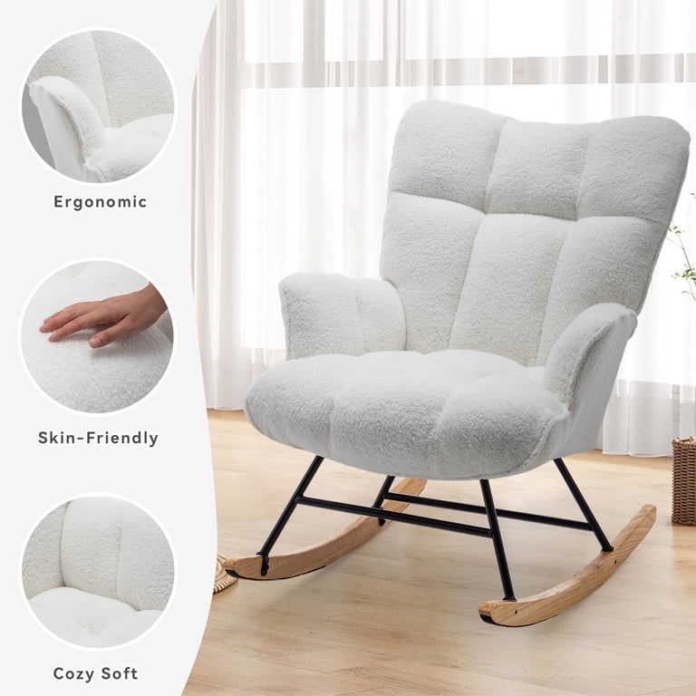 SAETSFEG White Teddy Rocking Chair with High Backrest photo 4
