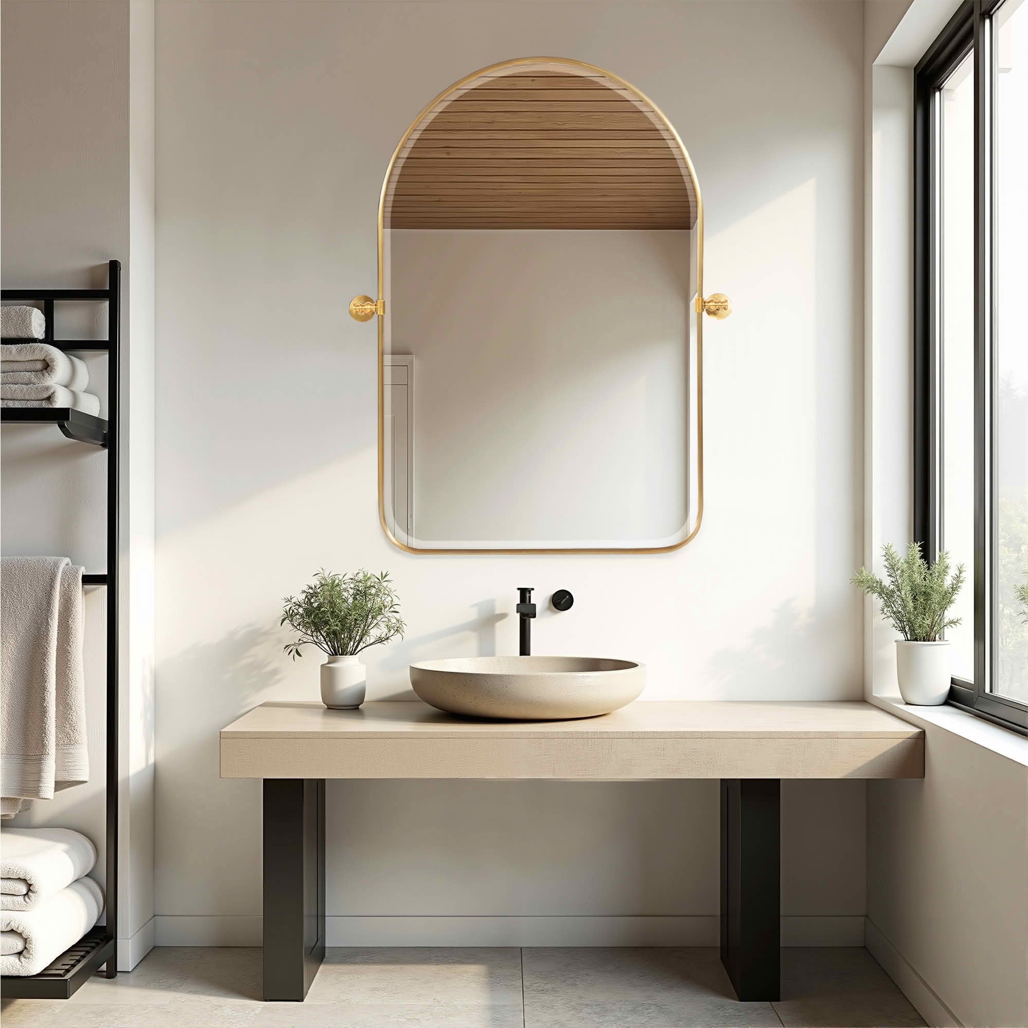 MAYEERTY 36x24 Inch Gold Metal Round Corner Arched Swivel Wall Mounted Mirror for Bathroom