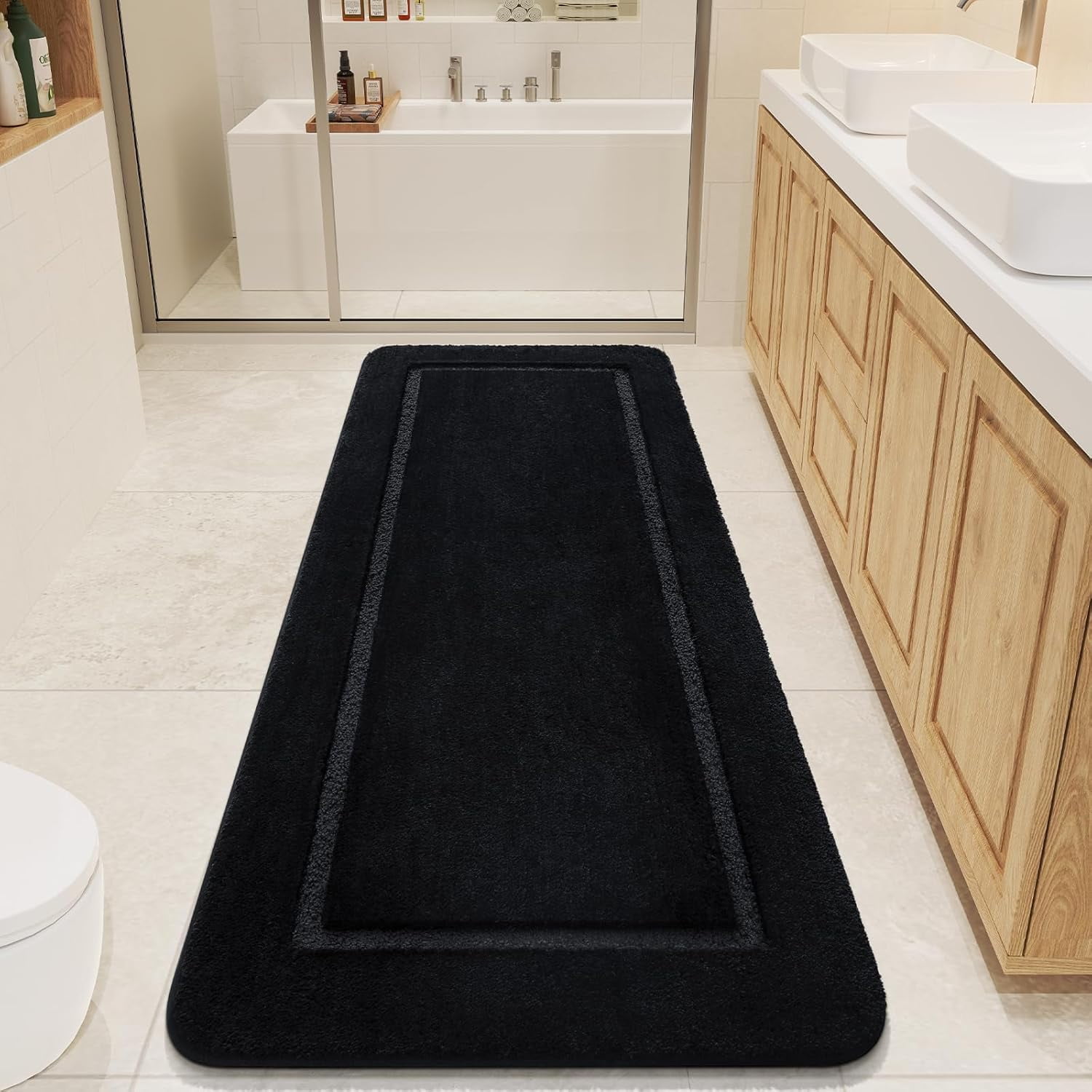 MEC Bathroom Rugs, 24" x 60" Long Bath Rug, Non Slip Washable Bathroom Runner Rug Soft Thick Absorbent Bath Mat for Shower, Shaggy Plush Luxury Large Bath Rug, Black