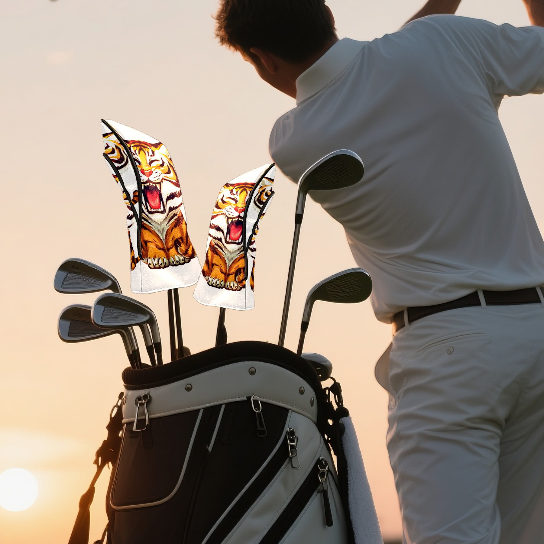 Golf Club Covers, Tiger Premium PU Leather Driver Hybrid Putter Head Covers with Velvet Lining, Waterproof Golf Gifts for Men Women