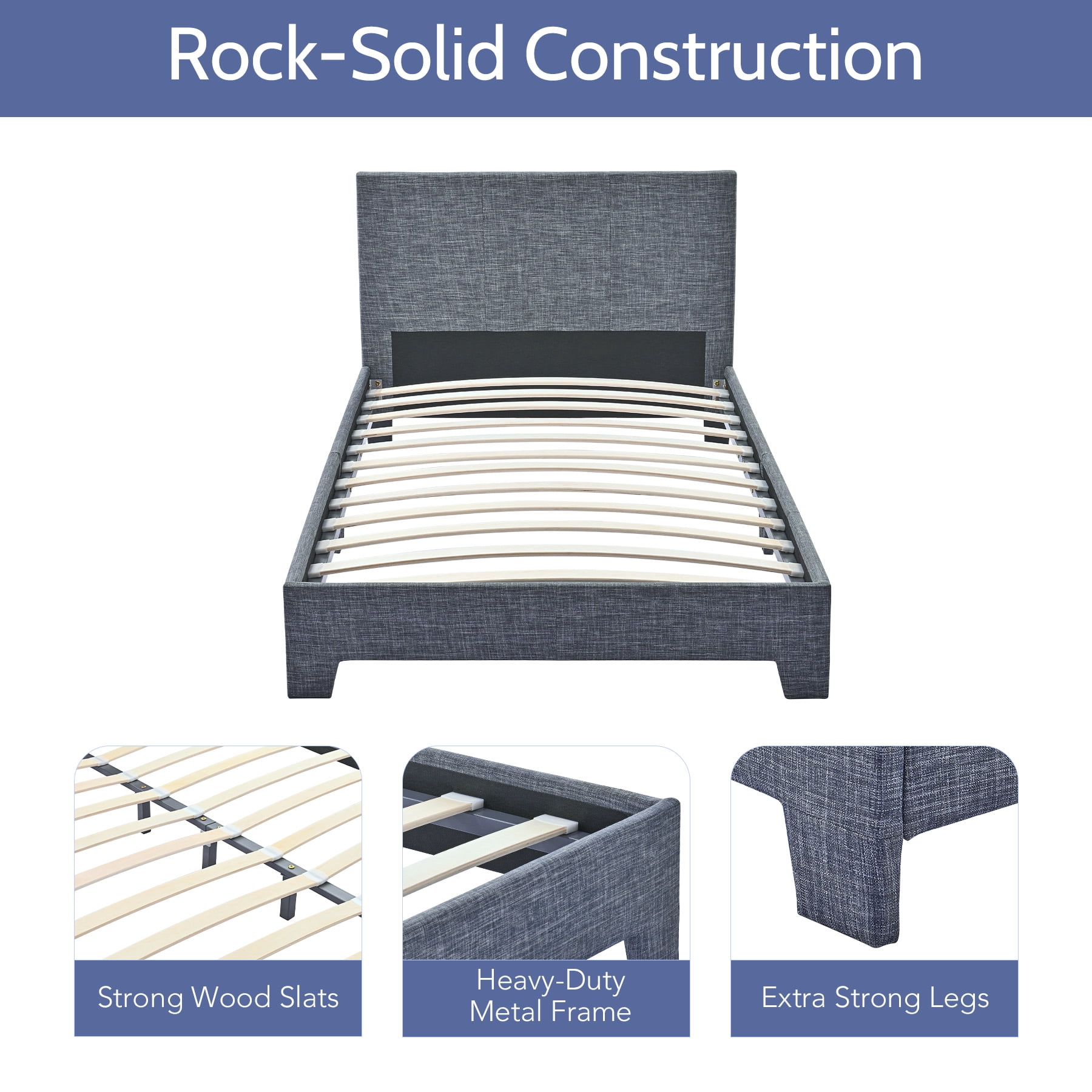 Vonluce Upholstered Platform Bed Frame with Headboard and Slats, Twin Size, Gray
