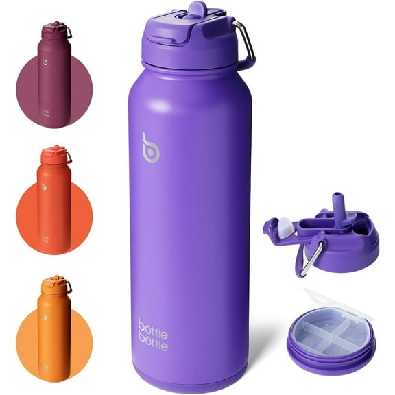 BOTTLE BOTTLE 40 oz sports water bottle stainless steel insulated water bottle with straw and pills holder dark purple