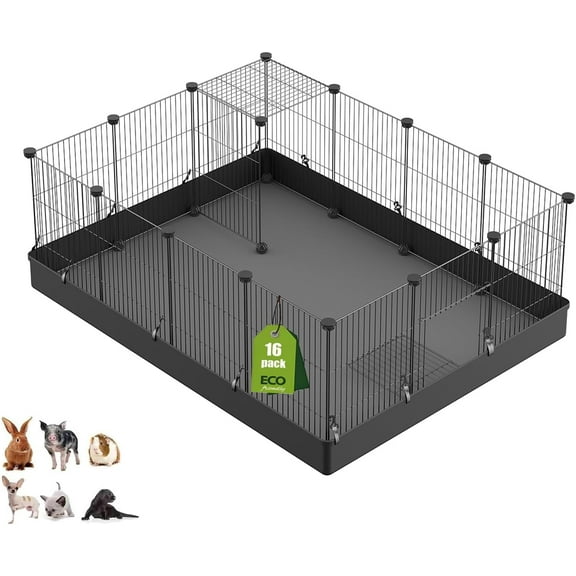 16pcs Small Animal Pet Playpen with Door & Waterproof Mat, Rabbit Guinea Pig Cage, Puppy Kitten Playpen | Indoor & Outdoor Portable Metal Wire Yard Fence 13x13in