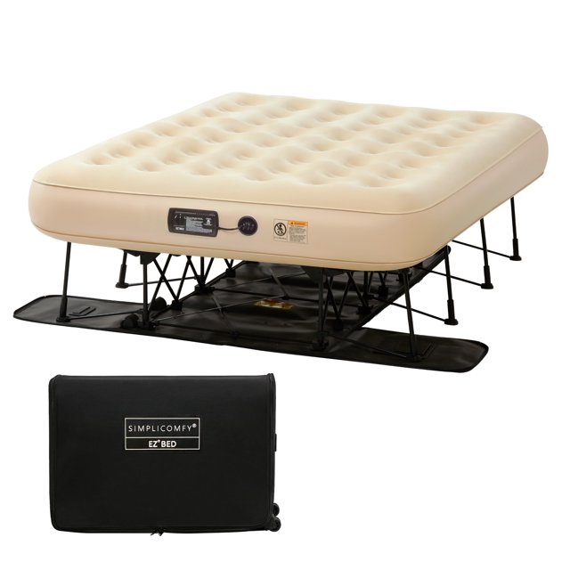 Simpli Comfy Queen Ez Bed Self-Inflating Air Mattress With Built-In Frame Pump And Wheeled Case Blow Up Inflatable Rolling Air Bed On Wheels (02.Queen)