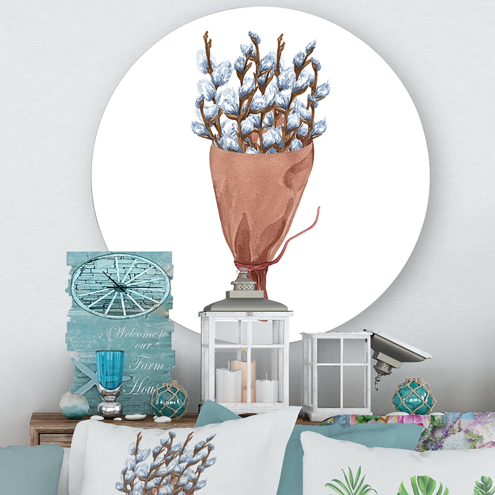 Designart 'Bunch of White Pussy Willow Twigs I' Farmhouse Circle Metal Wall Art 11x11 - Disc of 11