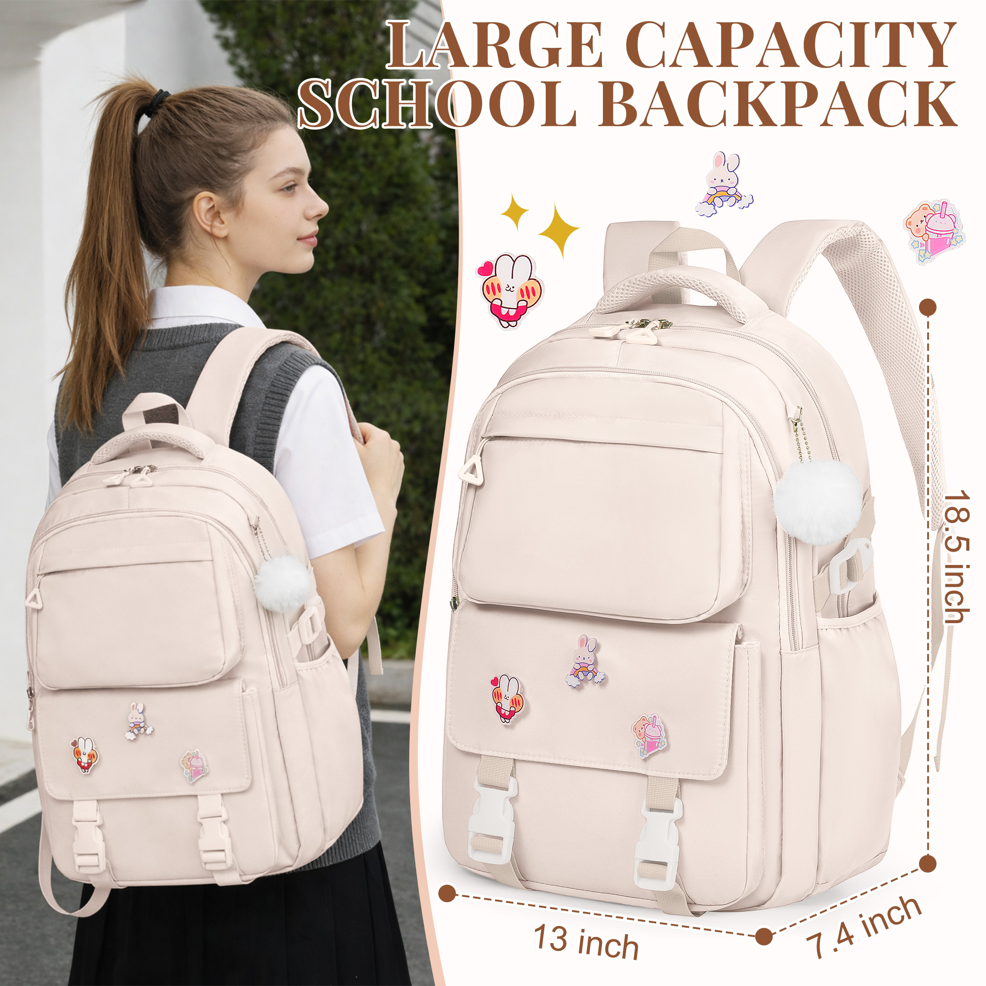 Mochila escolar para niñas, universidad, secundaria, gran capacidad, ligera, impermeable, para adolescentes y estudiantes 2