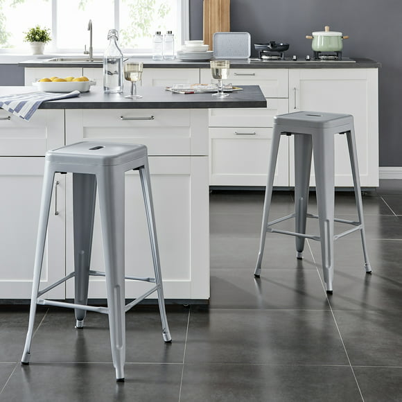 AC Pacific 30" Industrial Backless Metal Bar Stool, Silver, Set Of 2