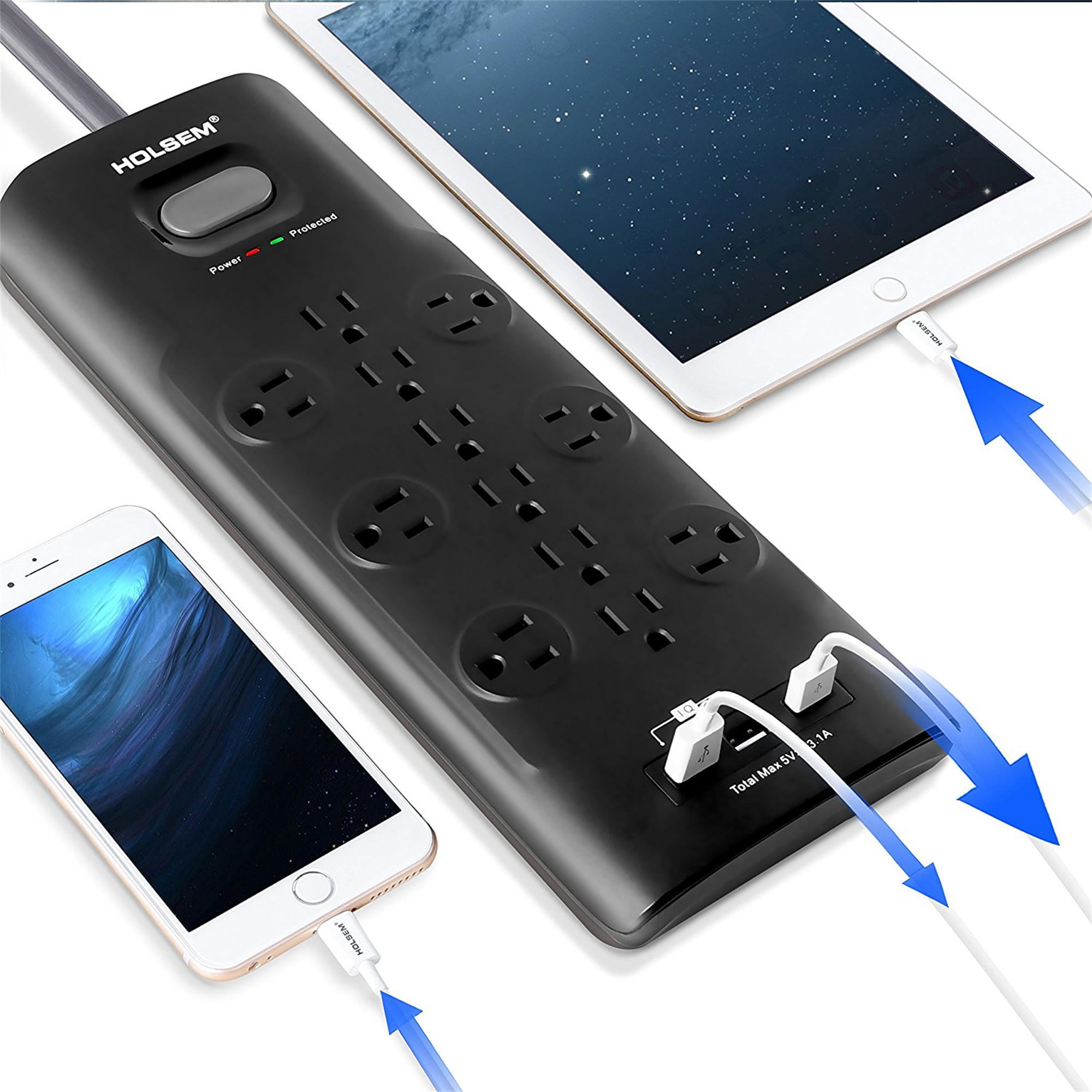 Black 5V//3.1A HOLSEM Surge Protector Power Strip 12 AC Outlets 3 Smart USB Charging Ports with 6 Heavy Duty Extension Cord