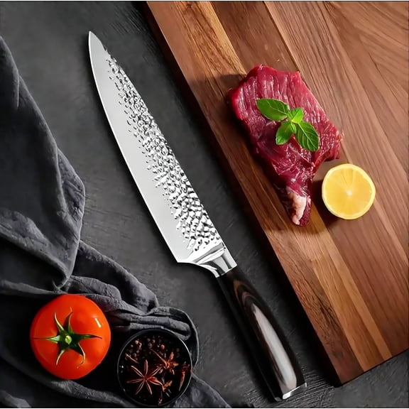 8 inch Professional Chef Knife, Hand-Hammered Forged High Carbon Stainless Steel, Ergonomic Anti-Slip Pakkawood Handle, Ultra-Sharp Multipurpose Kitchen Knife