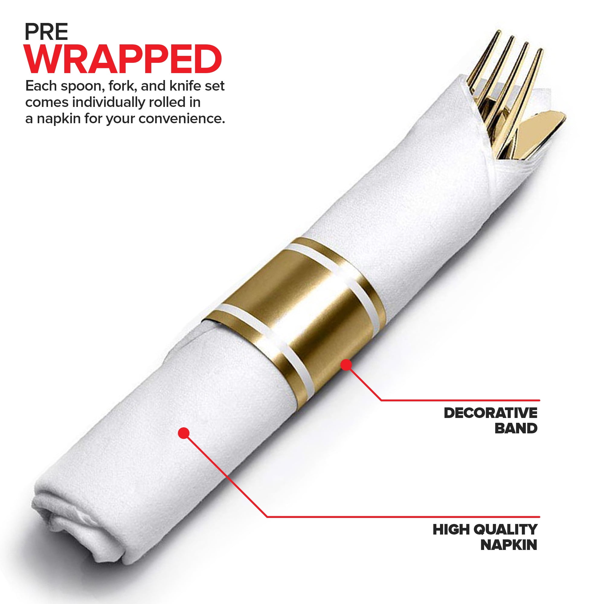 200 Pieces Pre Rolled Gold Plastic Cutlery Set, Individually Wrapped Plastic Silverware Set with 50 Forks, 50 Knives, 50 Spoons, 50 Napkins, Utensils for Weddings, Service for 50 Guests