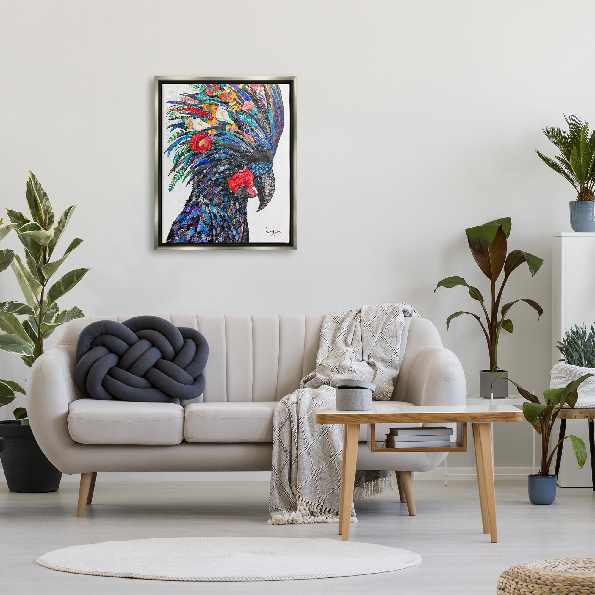 Stupell Industries Black Palm Cockatoo Bird Floral Pattern Collage Painting Luster Gray Floating Framed Canvas Print Wall Art, Design by Lisa Morales
