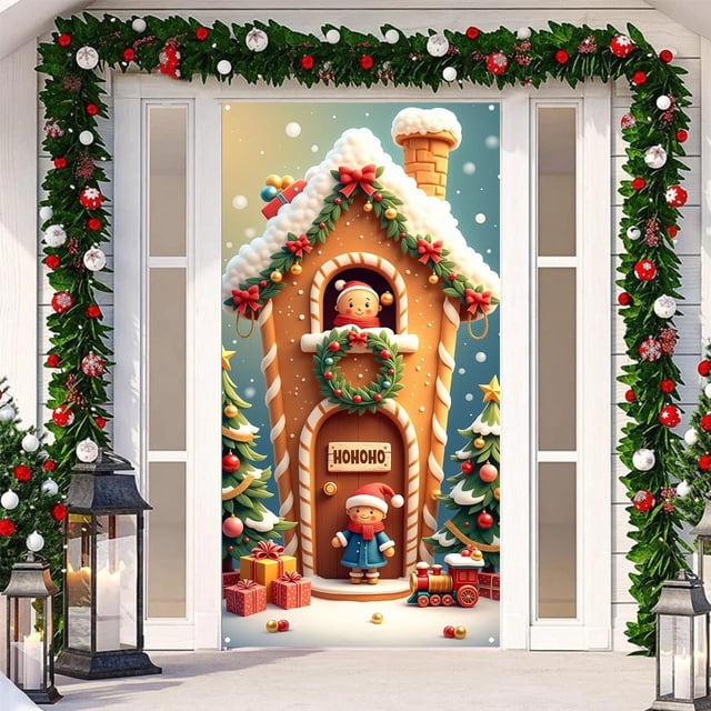 BotaniNest Décorations de Rideau de Porte Rouge Bannière de Porte d'Entrée Joyeux et Train Décorations Extérieures et Années Décorations de Fête d'Hiver Entrée Porche