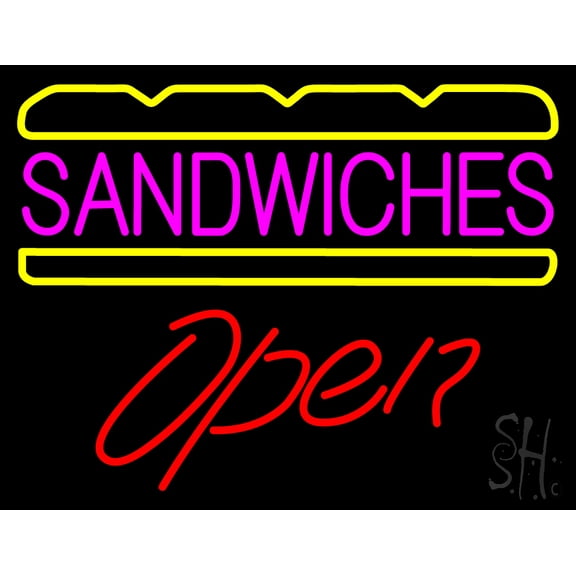Sandwiches Open LED Neon Sign 24 x 31 - inches, Black Square Cut Acrylic Backing, with Dimmer - Bright and Premium built indoor LED Neon Sign for restaurant window and interior decor.