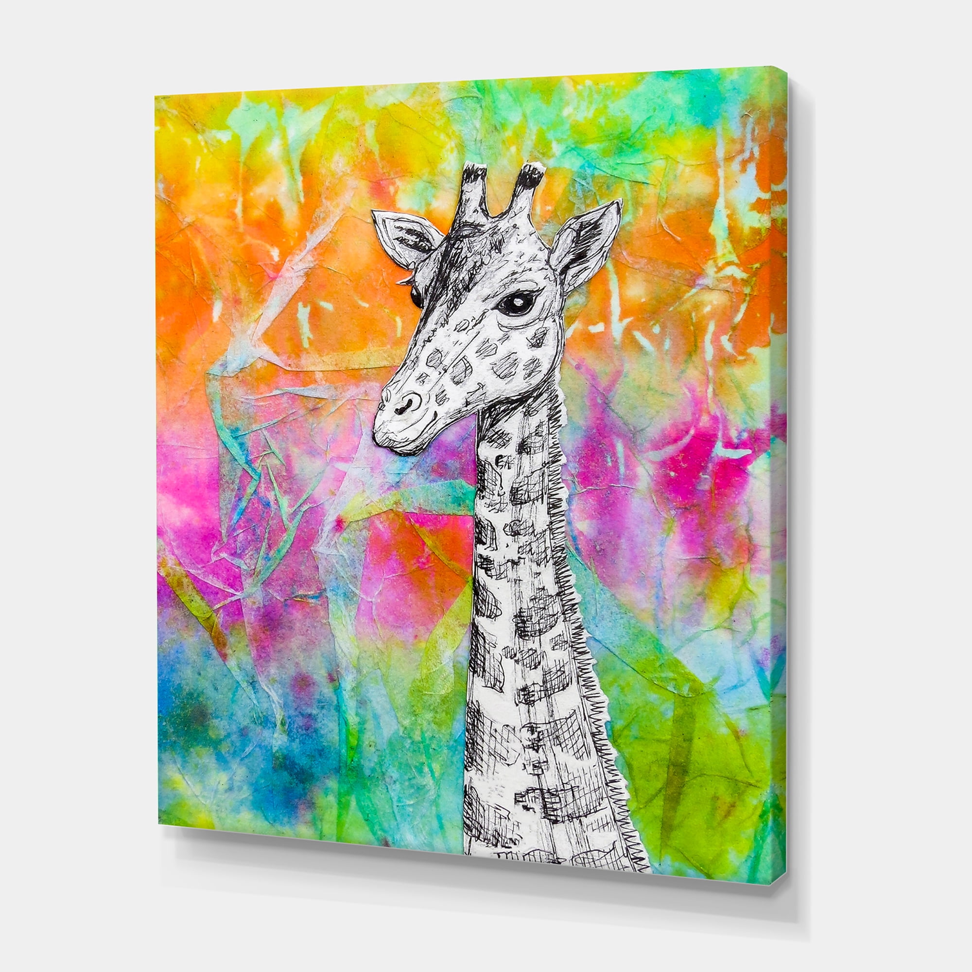 Designart ' Monochrome Giraffe Drawing On Bright Rainbow ' Children's Art Canvas Wall Art Print
