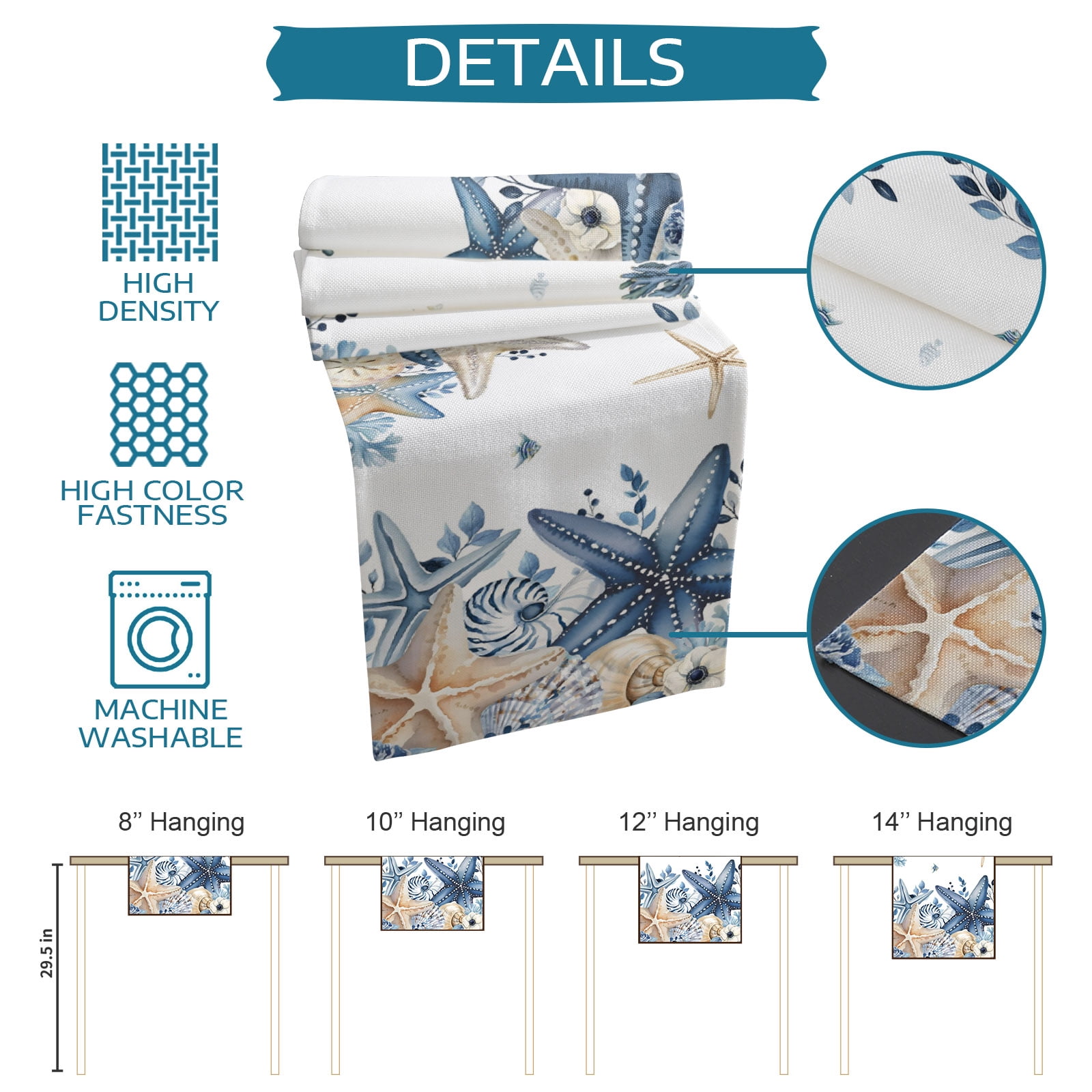 Coastal Table Runner, Ocean Blue Beige Starfish Shells Eucalyptus Leaves Cotton Linen Table Cloth, Tablerunner for Kitchen Dining Party Wedding Home Decor 13x90 Inch
