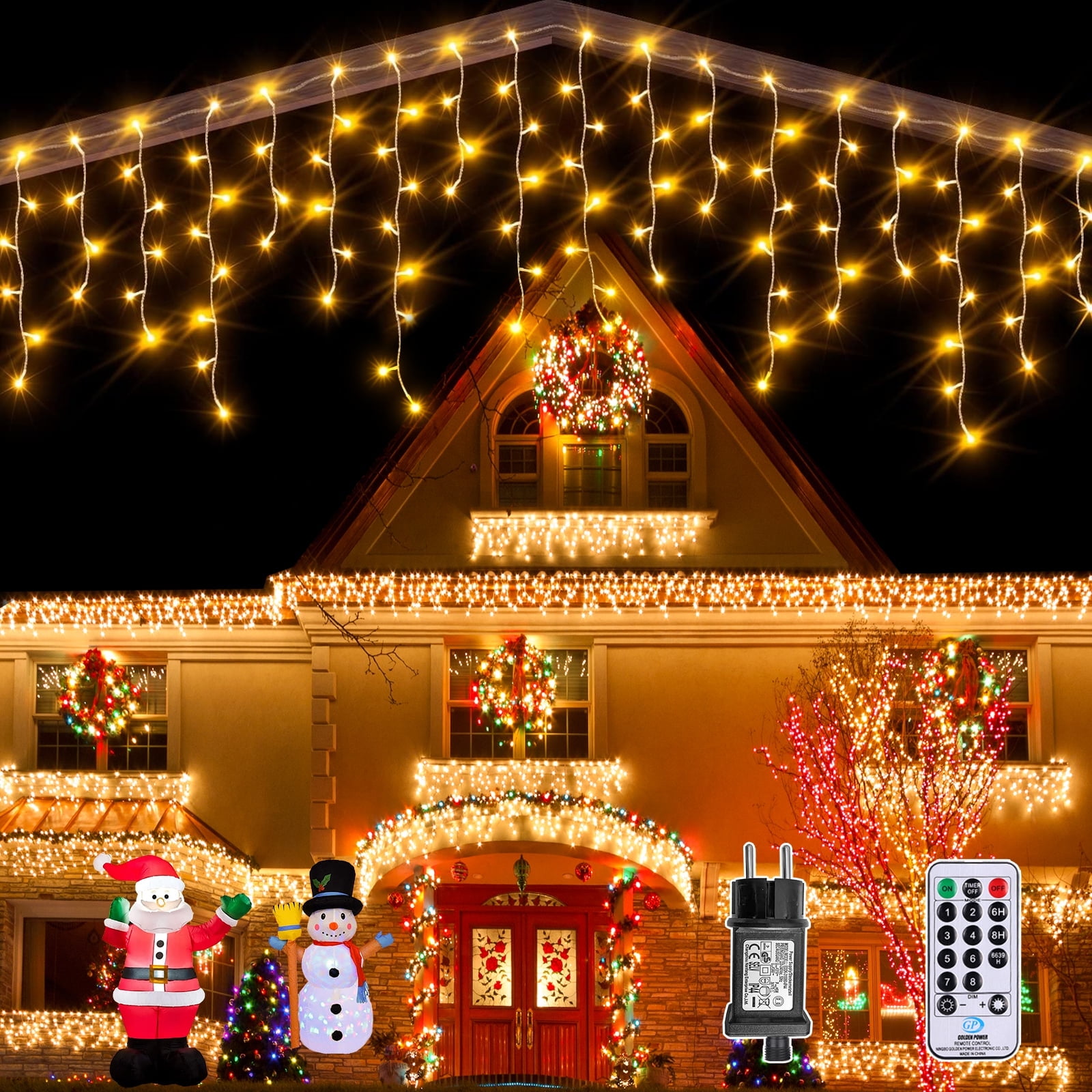 Warm White Decorative Lights , 45ft 594 LED Icicle Lights for Outside House with Connectable Clear Wire 8 Modes Timer, Plug in Waterproof for Eaves Yard Party Indoor Holiday Decoration