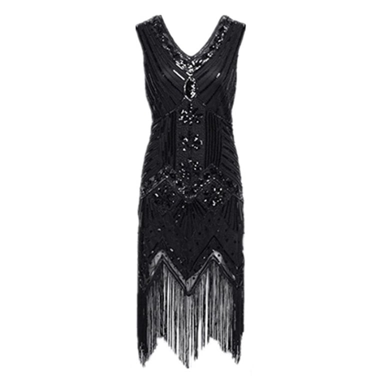 Dresses Womens Long Sleeve Women's 1920s Flapper Dress Vintage Lace Fringed Dress with 20s Accessories Set Black, M